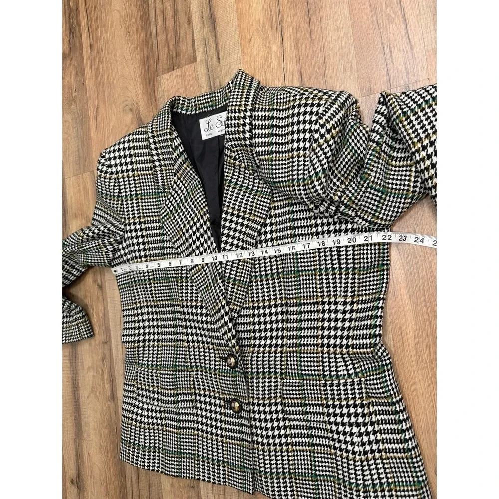 Le Suit Wool Blend Houndstooth Plaid Blazer‎ Black White Tailored Jacket